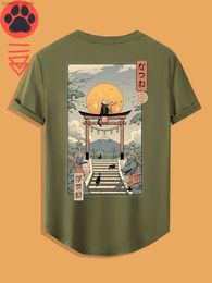 Men's T-Shirts Men's Casual and Vintage Short-sleeved T-shirt for Summer with a Japanese ukiyo-e black cat pattern print and rounded hemline Q230102