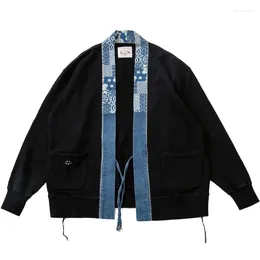 Men's Jackets Terry Fabric Stitching Jeans Ethnic Patterns Embroidered Taoist Robes Collarless Black Japan Retro Loose Cardigans