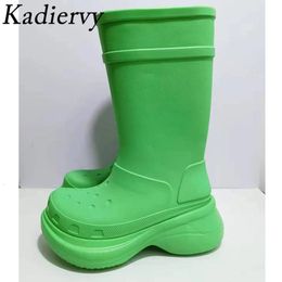 Thick Sole RainBoots Women Rubber Waterproof Rain Boots Female Round Toe Knee High Boots Flat Platform Rain Shoes Women 240102