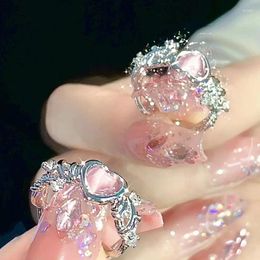 Cluster Rings 2024 Fashion Sweet Pink Love Heart Crystal Open For Women Shiny Zircon Adjustable Finger Y2K Jewelry Wedding Gifts