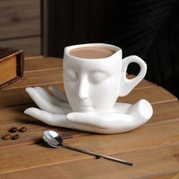 260ml Ceramic Face Coffee Cup Dish with Spoon European Character Mug Decor Afternoon Camellia Tea Breakfast Milk 240102