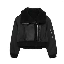 Women's Jackets Black Faux Leather Jacket Women Patchwork Cropped For Zip Up Warm Autumn Winter Coat Woman Fleece Short