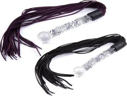 Manyjoy New Genuine Leather Whip Flogger Crystal Glass Handle Tassel Riding SM Toy T1910286412866