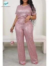 Women's Two Piece Pants Glitter Sequin Two-piece Sets Lady Fashion O Neck Short-sleeved Top Wide Leg Set Female Chic Commuter Suit