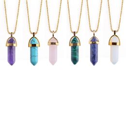 2017 Hexagonal column Natural Stone Healing Point Pendant Necklaces Amethyst Crystal Quartz Stone Necklace Women Gem stone267j