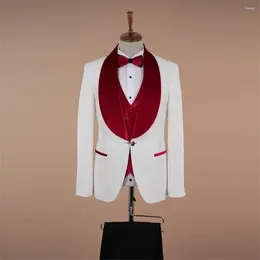 Men's Suits Red Velvet Lapel White Jacquard For Wedding 3 Pcs Male Fashion Blazer Vest Pants Boyfriend Marriage Groom Tuxedos