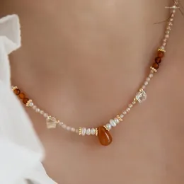 Choker Minar Vintage Red Agate Natural Stone Freshwater Pearl Water Drop Beaded Pendant Necklaces Women's Gold Plated Chain Chokers