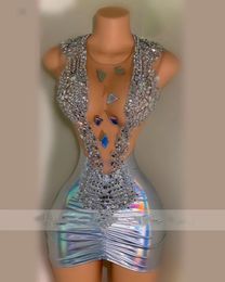 Stunning Sier Diamonds Sexy Mesh Black Girls Birthday Prom Party Gowns Crystals Rhinestones Beading Sequins Tail Dresses