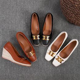 Dress Shoes Big Size Square Toe Jute Midsole Women Low Cut Wedge Platform Slip On Pumps Espadrilles Metal Decor Brown High Heels