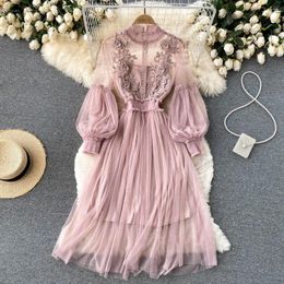 Casual Dresses Women Evening Dress Three-dimensional Decoration Floral Mesh Stand Collar Lantern Sleeve Waist Up Ladies Summer 2024