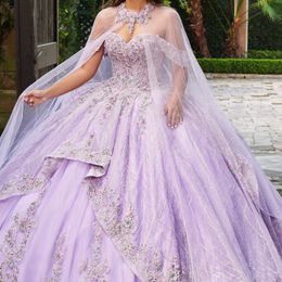 Mexico Lavender Off The Shoulder Ball Gown Quinceanera Dress For Girl Beaded Applique With Cape Birthday Party Gowns Prom Dresses Sweet 16