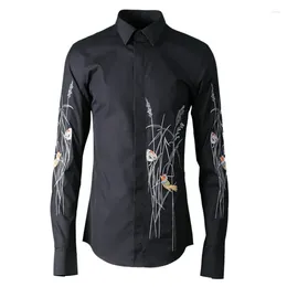 Men's Casual Shirts Arrivla Fashion Flower And Bird Embroidery Unsymmetrical Men Long Sleeve Size M L XL 2XL 3XL 4XL