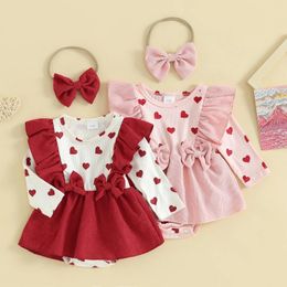 Rompers CitgeeSpring Valentine's Day Infant Baby Girl Fall Outfits Long Sleeve Heart Print Corduroy Bodysuit Headband Clothes