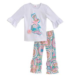 Sets Wholesale Girls Spring Clothes Set White Top With Tee Shirts Colourful Vintage Ruffle Pant Kids Clothing Boutique Cotton Outfits E
