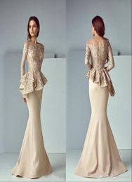 Dubai Arabic Champagne Lace Stain Peplum Mermaid Mother of the Bride Dresses Long Sheer Neck Long Sleeve Elegant Evening Formal Go3460674