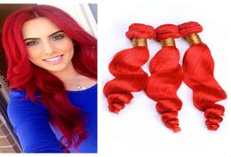 Peruvian Bright Red Human Hair Weaves Loose Wave Wavy Bundles Deals 3Pcs Lot Pure Red Colour Virgin Human Hair Weave Extensions Mix2106324