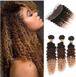 Ombre 1B 4 27 Honey Blonde Deep Wave Virgin Brazilian Human Hair Bundles With Lace Frontal Closure Three Tone Ombre Curly Hair Wef9784160