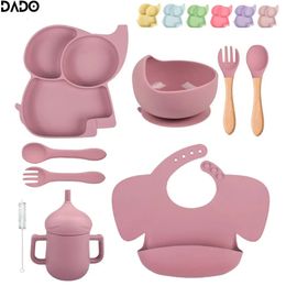 Cute Baby Led Weaning Supplies Silicone Dinning Plate Feeding Set Silicon Suction Bowl Bib Cup Self Eating Dishes Spoon Elephant 240102