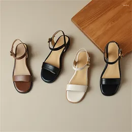 Sandals Chunky Low Heels For Women Vintage Genuine Leather Basic Shoes Comfortable Casual Office Ladies Pumps One-Line Strap