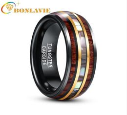 Wedding Rings BONLAVIE 8mm Black Gold Inlaid Wood Grain Abalone Shell Tungsten Carbide Men039s Ring Fashion Jewelry7359632
