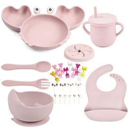 6PCS/Set Baby Silicone Sucker Drinkware Dishes Plate Tableware Kids Bowl Spoon Fork Bib Feeding Set for Child Stuff Accessories 240102