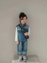 Clothing Sets Childrens Girls Autumn Cowboy Children Vest Casual Jeans Two Piece Set Soild Turn Down Colar Lively