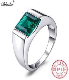 100 Real 925 Sterling Silver Rings For Men Women Square Green Emerald Blue Sapphire Birthstone Wedding Ring Fine Jewelry7289980