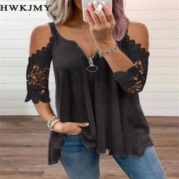 Women's T Shirts Summer Lace Petal Half Sleeve Zipper Ladies T-Shirt For Women Oversize Off Shoulder V-Neck Loose Casual Top Tee Tunic 8XL