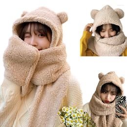 Berets Winter Female Novelty Warm Plush Hat Outdoor Windproof Thermal Cartoon Bear Ears Earflap Cap Hooded Long Scarf Wrap