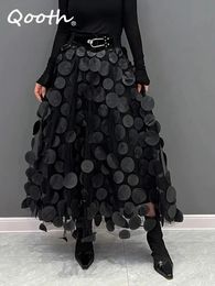 Qooth Women 3D Design Polka Dot Tulle Mesh Skirt Vintage Elastic Waist Long A-line Tutu Skirt QT2176 240102