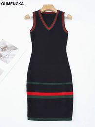 Simple and Fashionable Korean Women's Sleeveless Dress Sexy Tank Top New V-neck Black Stripe Knitted Tank Top Dress Casual Full Match 240102