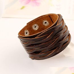 Bangle Rows Wide Weae Braid Leather Cuff Mtilayer Wrap Button Adjustable Bracelet Wristand For Men Women Fashion Jewelry Black Drop Dhhh6