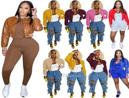 New Women Leather Baseball Jackets Designer Stand Collar Hip Hop Crop Tops Threaded Stretch Short Coat Autumn Winter Windproof6433182