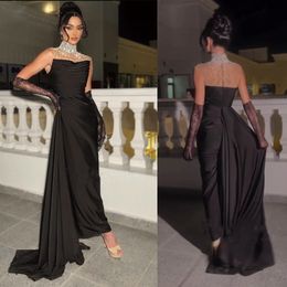 Black Beaded Evening Dresses Ruched Side Train Formal Evening Gown High Collar Sleeveless Arabic Dubai robe de soiree