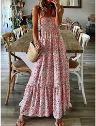 Casual Dresses Summer Fashion Sling Maxi Dress Loose Elegant Ruffle A-Line Floral Printed Women Backless Beach Midi