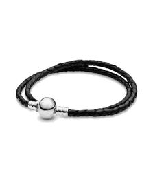 Fine jewelry Authentic 925 Sterling Silver Bead Fit ra Charm Bracelets Charms Bracelets Moments Double Black & Pink Leather Safety Chain Pendant DIY beads7724236
