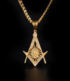 Hip Hop Gold Plated Ma Charm Pendant Iced Out Crystal Stainless Steel Silver Tone Freemason Pendant Necklace Collar Chain4466512