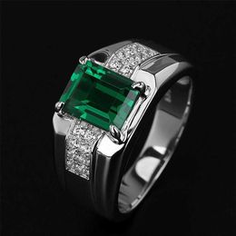 Emerald green spinel men's Ring Platinum Plated Fashion Square Diamond Fashion Ring265K