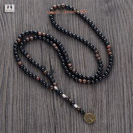 Men Necklace Quality 6MM Black Agate Wood Beads with Tree Pendant Mens Rosary Necklace Wooden Beads Mens jewelry2940