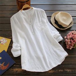 Women's Blouses Casual Loose Pocket Oversize Shirt Blouse Women Fashion Pure Colour Long Sleeve Shirts For 2024 White V-neck Tops Femme