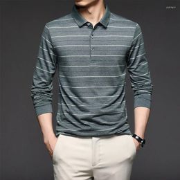 Men's Polos POLO T-shirts Autumn Leisure Long Sleeve Lapel Striped Bottom Shirt Tops Roupas Masculinas Camisetas High-end Tees