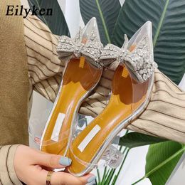 Eilyken Spring Autumn Crystal Sequined Bowknot Silver Women Pumps Low High Heels PVC Transparent Sandals Party Wedding Prom Shoe 240102
