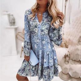 Casual Dresses Women's Fashion Spring Autumn Knee Length Dress Sexy V-neck Style Sweet Printed Long Sleeve Swing