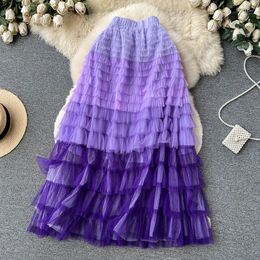 Skirts Tulle Pleated For Women 2024 Spring Summer Tiered A Line Large Hemline Folds High Waist Mesh Midi Long Female