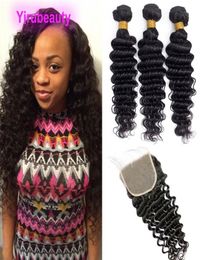 Malaysian Human Hair 5x5 Closure With 3 Bundles Deep Wave Lace Closures Baby Hairs With Bundles Double Wefts 4PCS Natural Color1739896