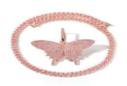 Hip Hop Rose Gold Butterfly Pendant Necklaces Pink Cuban Link Chain Tennis Chain For Men Women Iced Out Cubic Zircon Fashion Jewel2476121