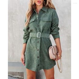 Casual Dresses Corduroy Shirt Dress Lace Up Single Breasted Trend Autumn Shirts Women Long Sleeve Solid Color Loose Robe