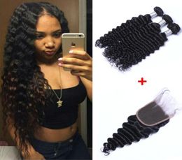 Brazilian Deep Wave Human Virgin Hair Weaves With 4x4 Lace Closure Frontal Bleached Knots 100gpc Natural Colour Double Wefts Hair 5133041