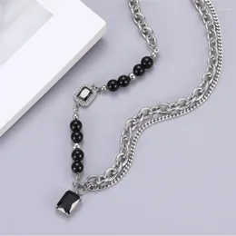 Pendant Necklaces High-Grade Men's And Women's Trendy Shiny Black Gem Titanium Steel Necklace 2024