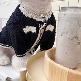 Dog Apparel Luxury Knitted Cardigan Sweater Coat Winter White Black Clothes For Small Dogs Chihuahua Pearl Neckline Girl Jacket